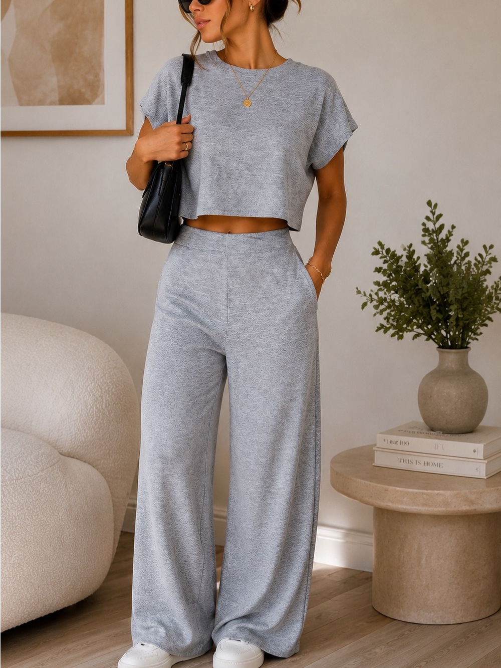 Evenuel Gray Two Piece Lounge Set Crop Top Wide Leg Pants Size M